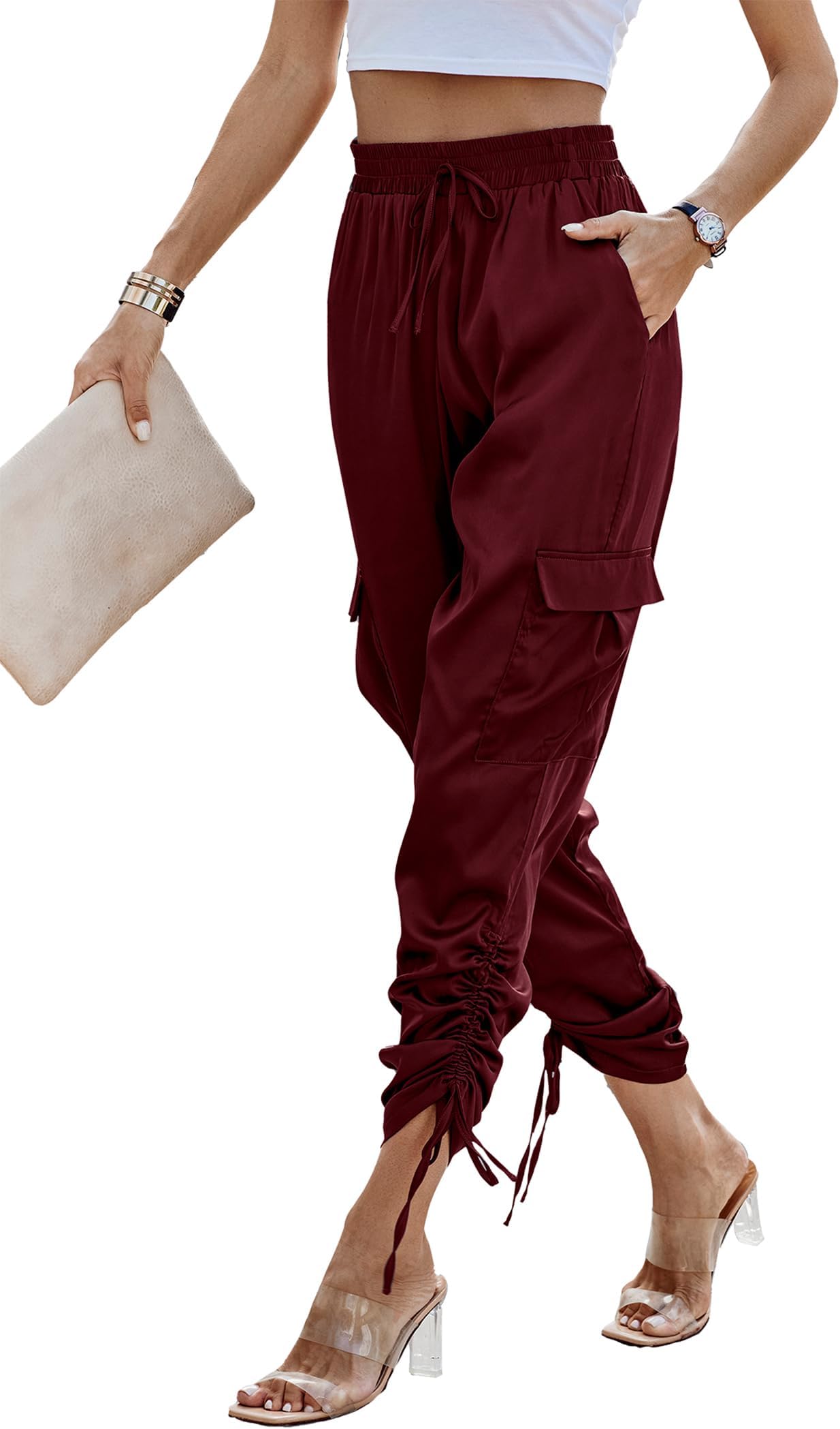 PRETTYGARDENWomen's Satin Jogger Pants Casual Dressy High Waist Long Lounge Pant Trousers Summer Outfits with Pockets