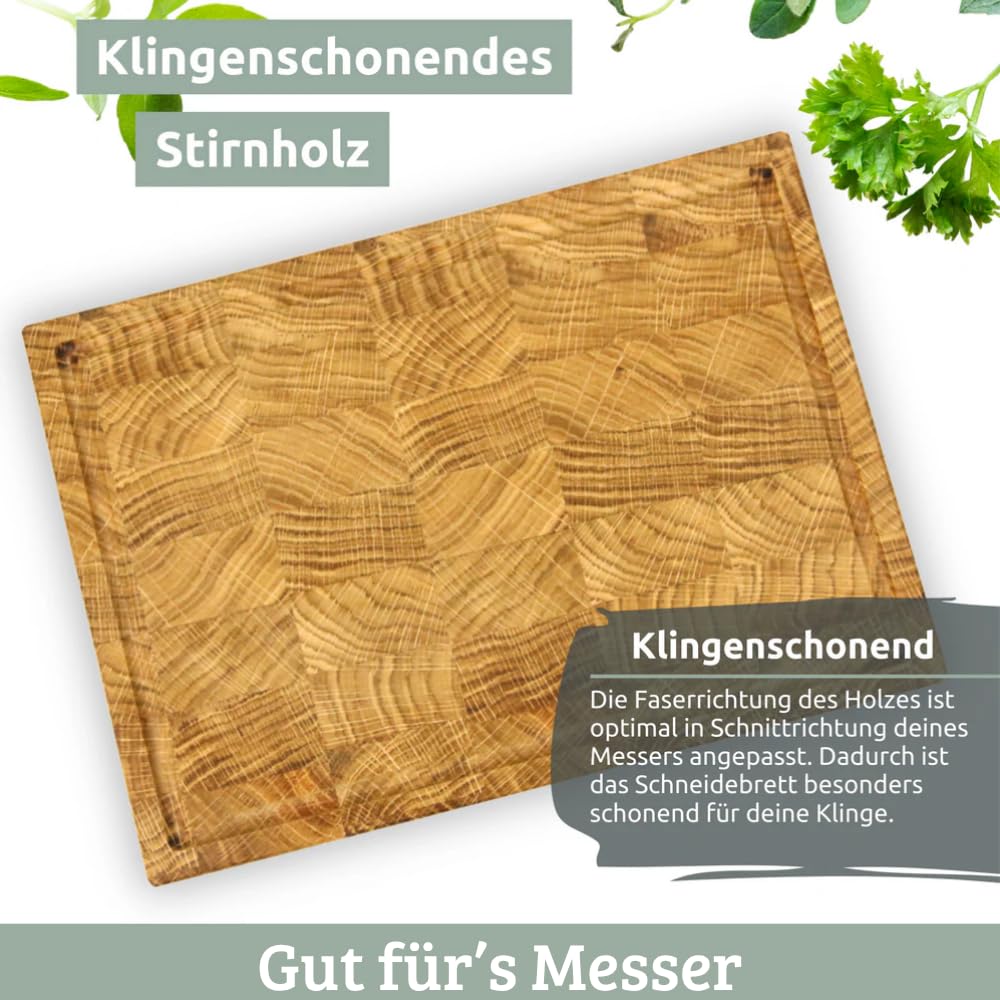 Schneidebrett Holz klein MILA [KLINGENSCHONEND] - 28x20x2,5cm, Stirnholz Eiche, inkl. Saftrille | Holzbrett Küchenbrett