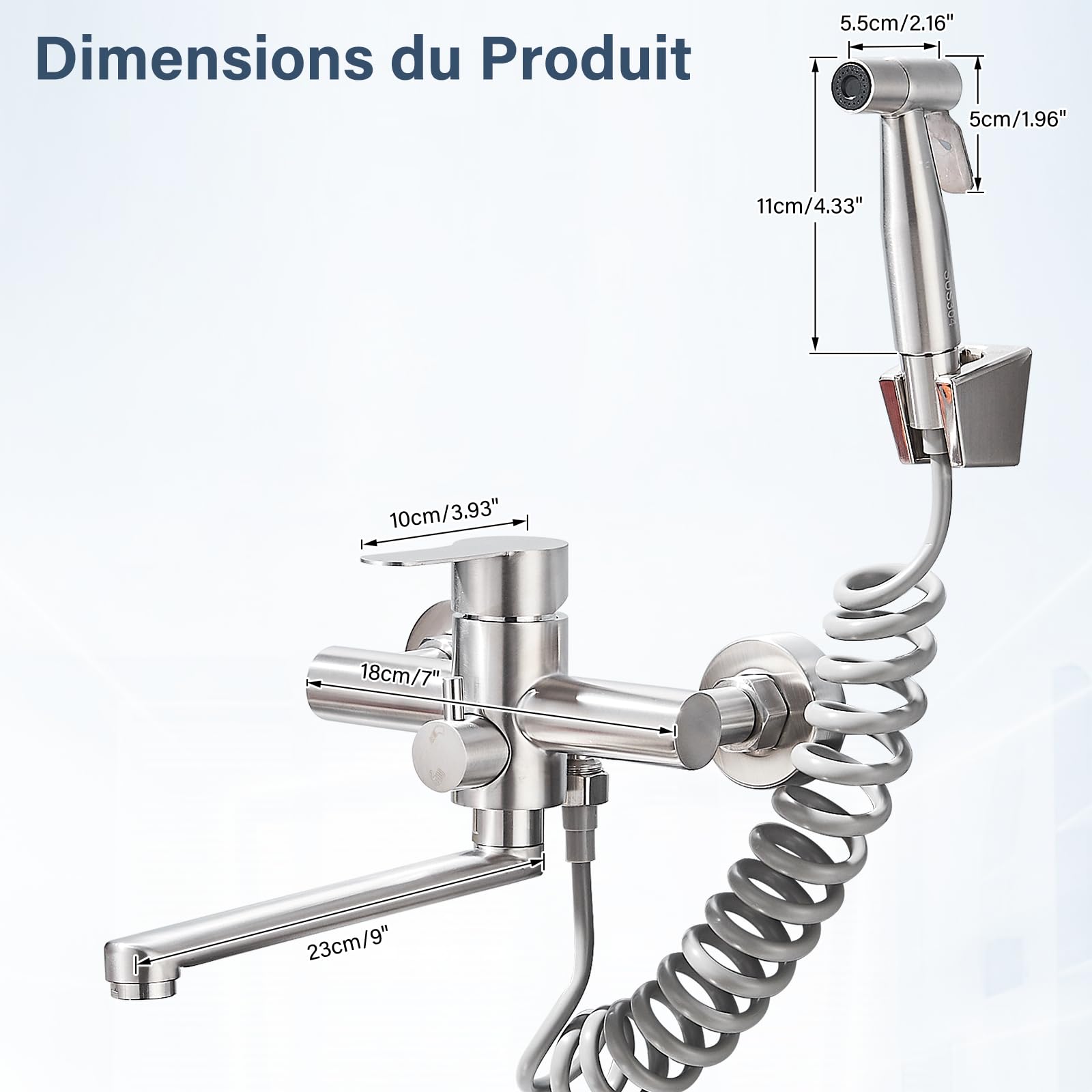 Robinet Mural Cuisine,Mitigeur Cuisine Mural avec Pistolet,Pivotant à 360° Robinet Mélangeur,Tube Rotatif 22cm,Brossée - 2