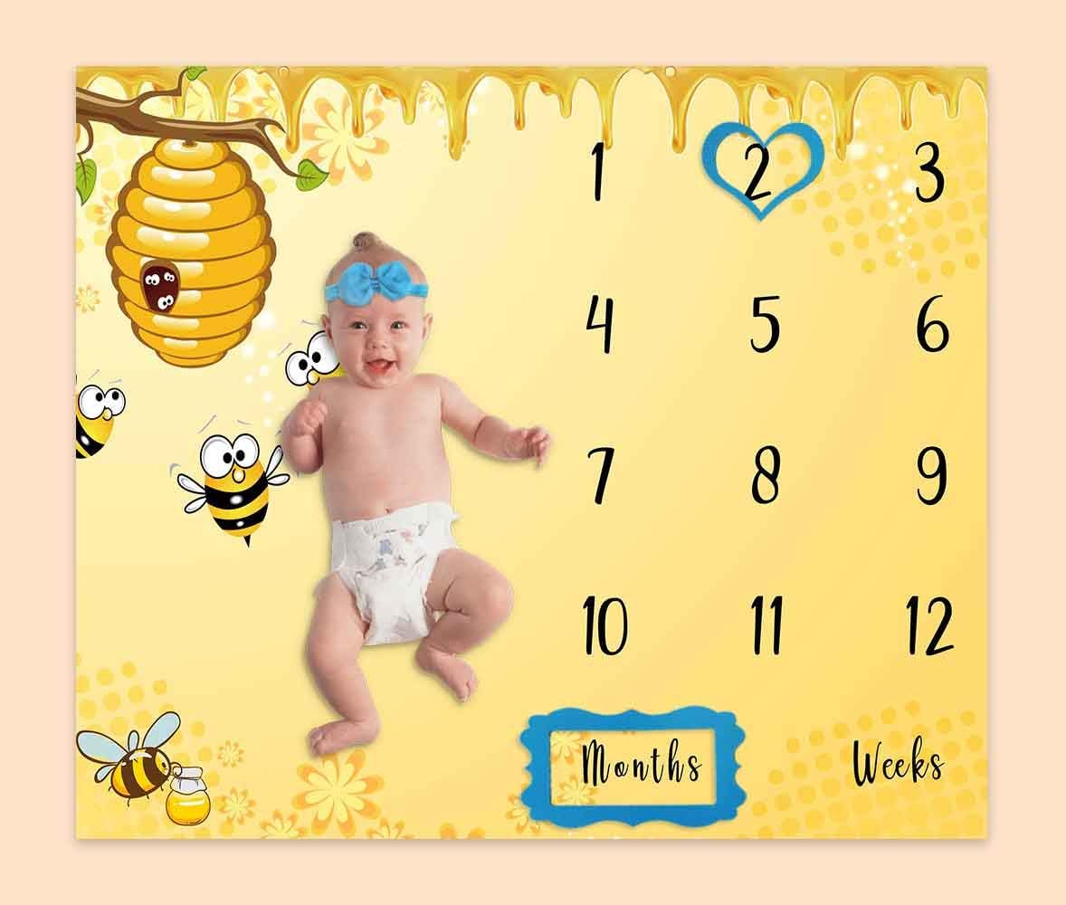 Baby Age Milestone Blanket, Bee Honeycomb Blanket for Nursery, Baby 1-12 Months Growth Chart, Includes 4 Frame and 1 Headband 47"x40" BTQQPH33 - Image 3