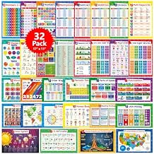 32 Educational Posters for Kids - Multiplication Chart Table, Periodic Table, USA Map, World Map, Solar System, Days of The Week, Division, Addition, Homeschool Supplies - 17x11 Laminated