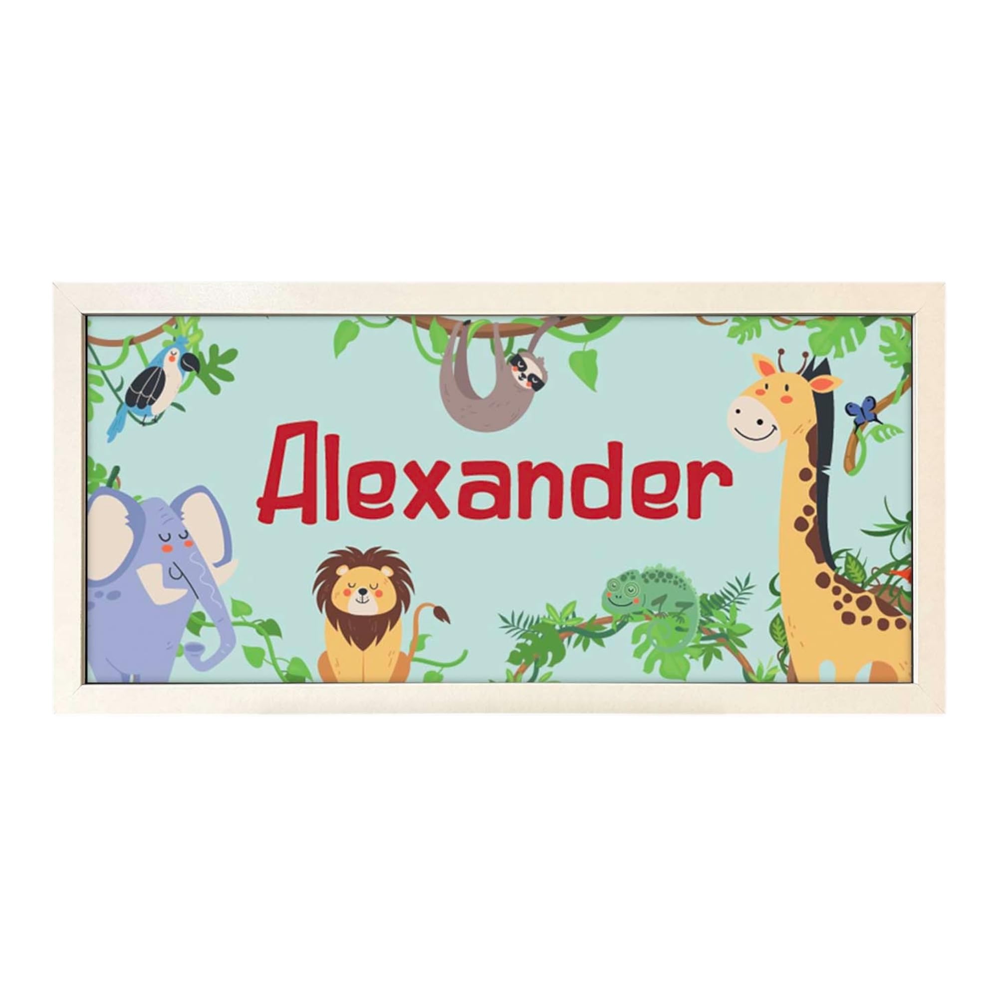 Echo Three Personalised Wall Art White Framed Print Nursery Jungle | Custom Text Large Wide Room Sign | Bespoke Nursery Decor| New Baby Christening Gift | Soft Colourful Animal Design