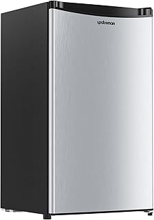 Upstreman 3.2 Cu.Ft Mini Fridge with Freezer, Single Door Mini Fridge, Dorm Fridge, Adjustable Thermostat, Mini Refrigerator for Dorm, Office, Bedroom, Stainless Steel-SR321