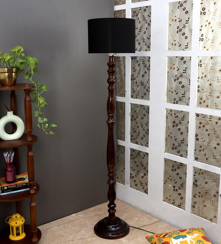 Image of tu casa Mango Wooden Floor Lamps with Classic Black Shade for Home Decor, Bedrooms Corner, Living Room, Gifting, Diwali Decoration, Hall, Office, Study Room (Height: - 56 inch) - Bulb not Included