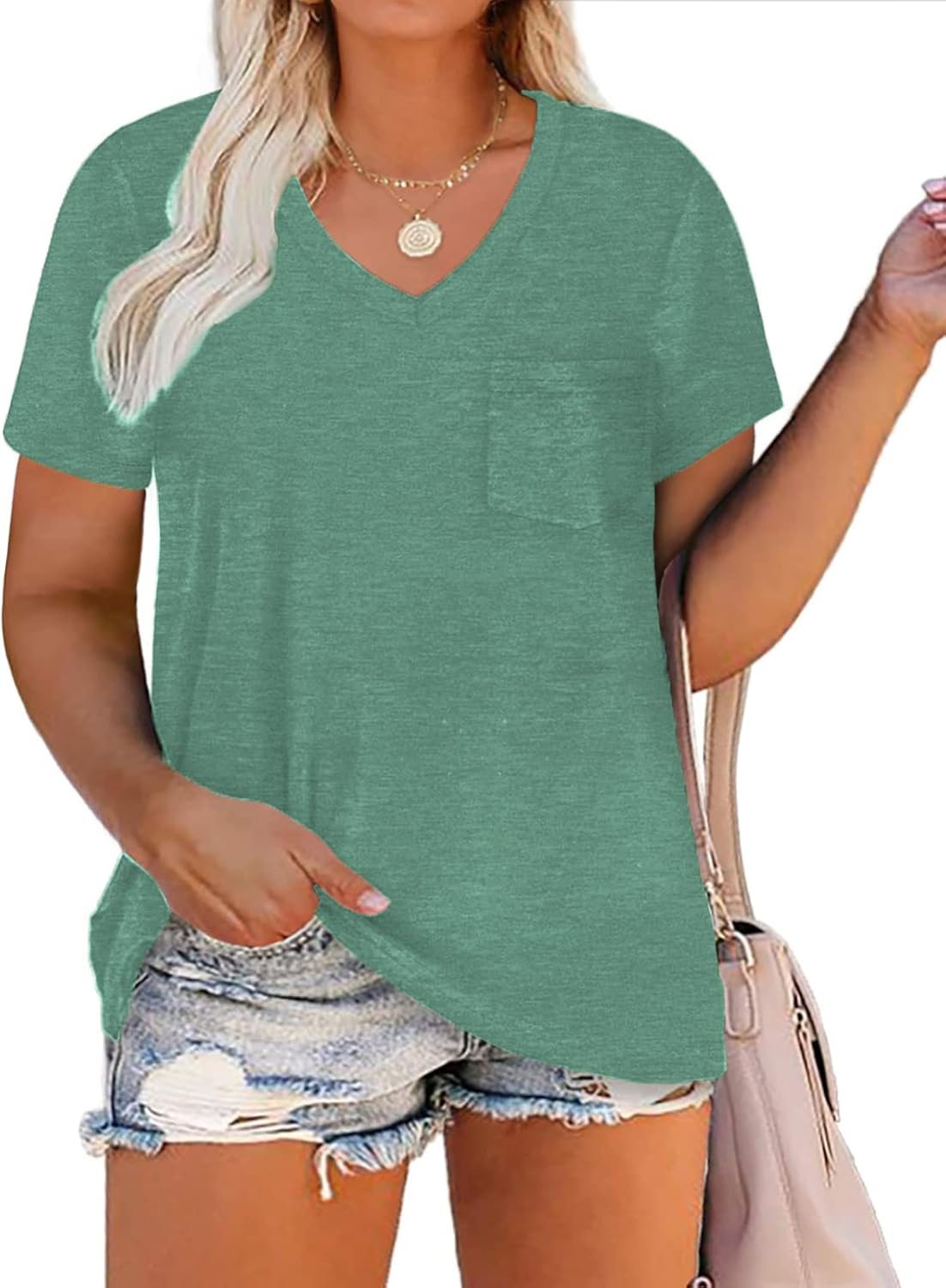 DOLNINE Plus-Size Tops for Women V Neck T Shirts Summer Tunics with Pocket - Image 2