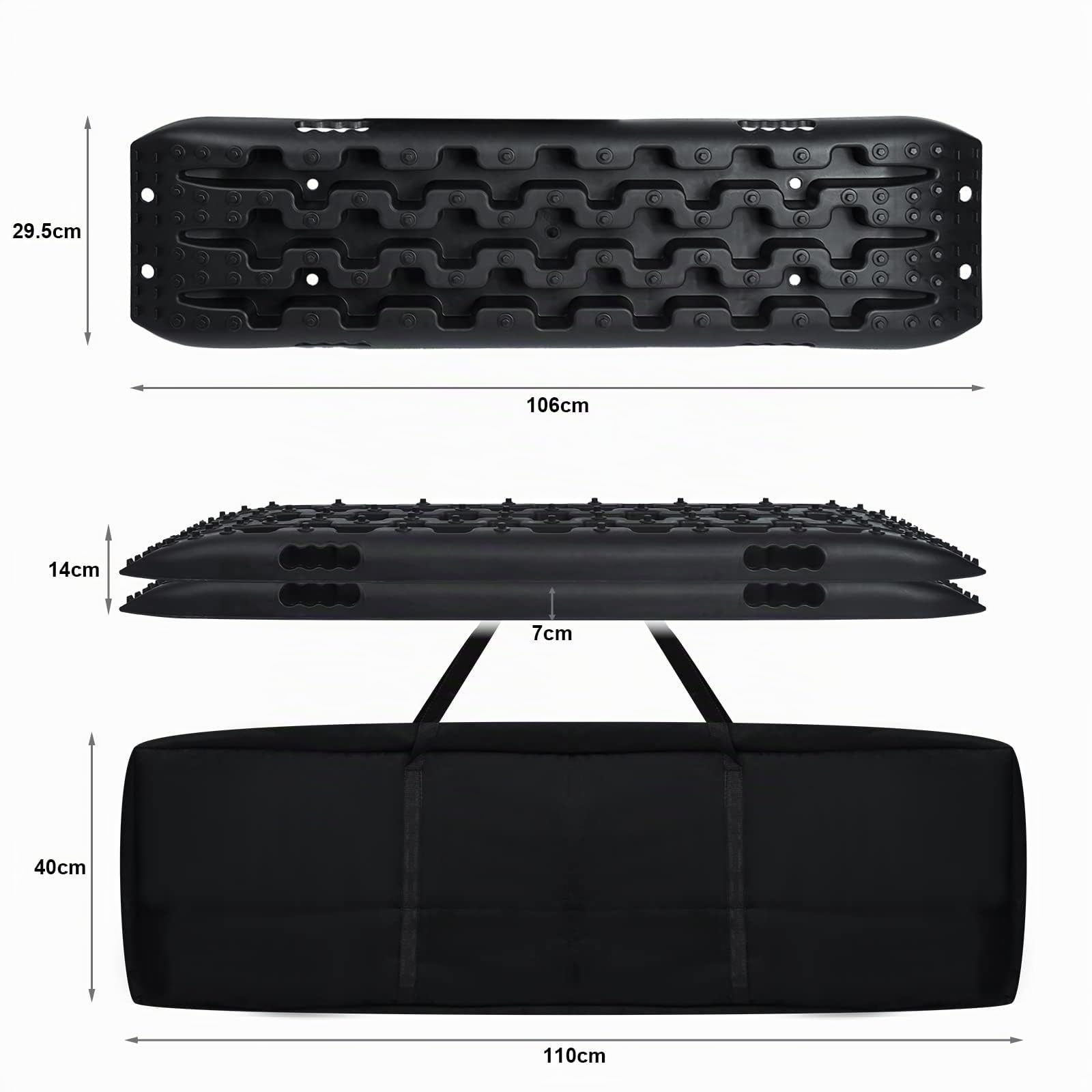 NAIZY 2x Sandbleche Offroad Traktionsmatte Kunstoff Anfahrhilfe Recovery Board Tracks mit Aufbewahrungstasche Traktionsband Max. 10T Last, PKW LKW Traktionsplatten, Schwarz