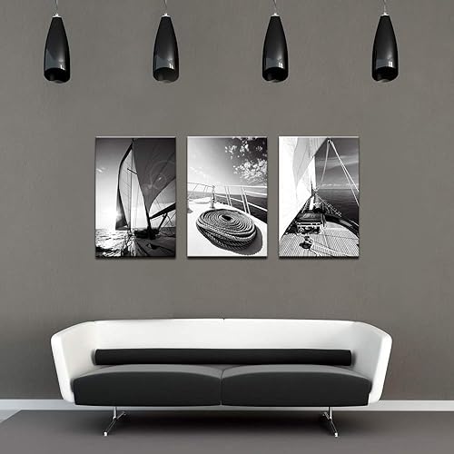 Miniatura 5 de LevvArts 3 piezas de arte de pared en blanco y negro, yate, velero, al atardecer, pintura náutica, decoración de pared para el hogar, oficina, sala