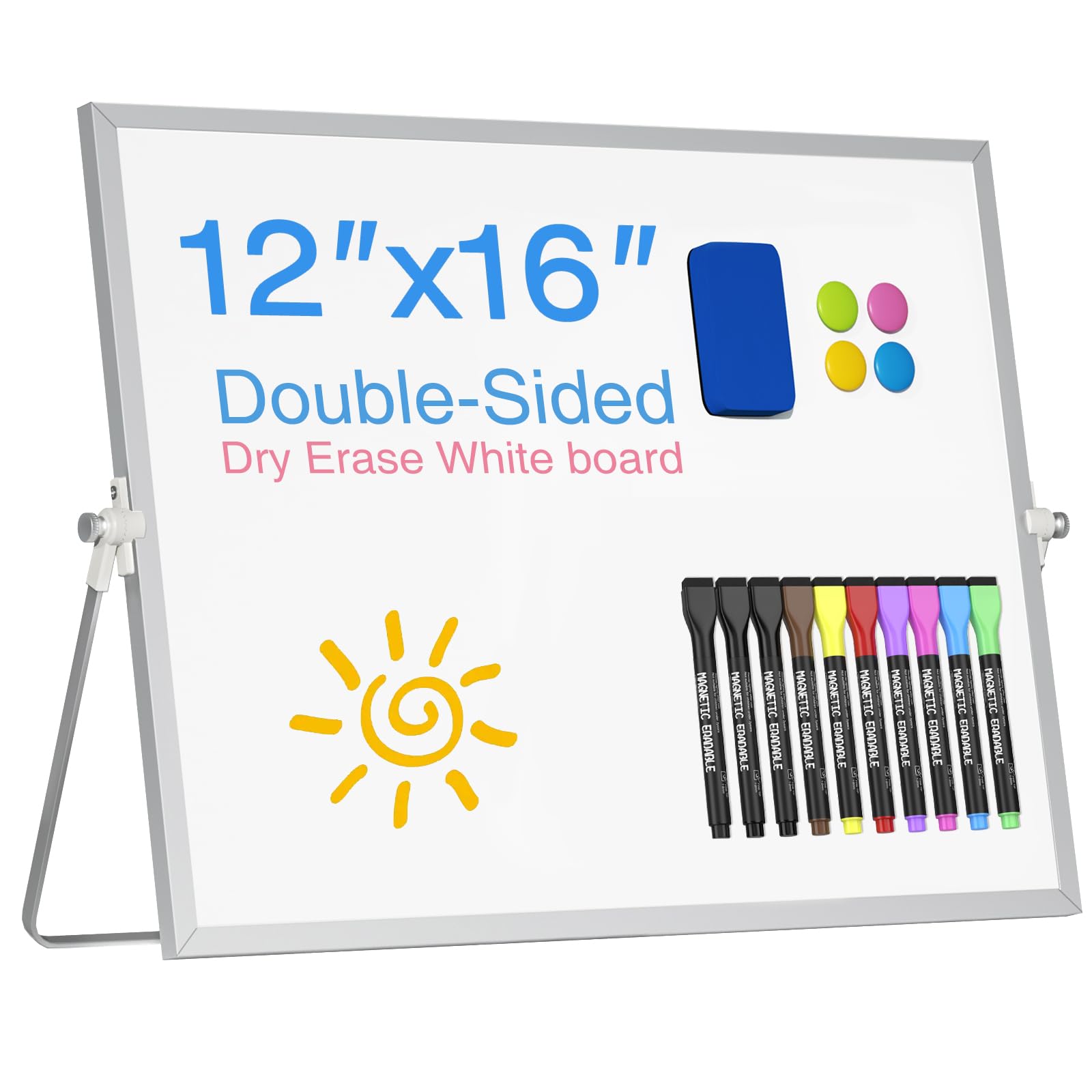 Jebeeynn Magnetic Desktop Whiteboard with Stand, 16'' x 12'' Double-Sided Dry Erase White Board, 10 Markers, 4 Magnets, 1 Eraser, Portable White Board