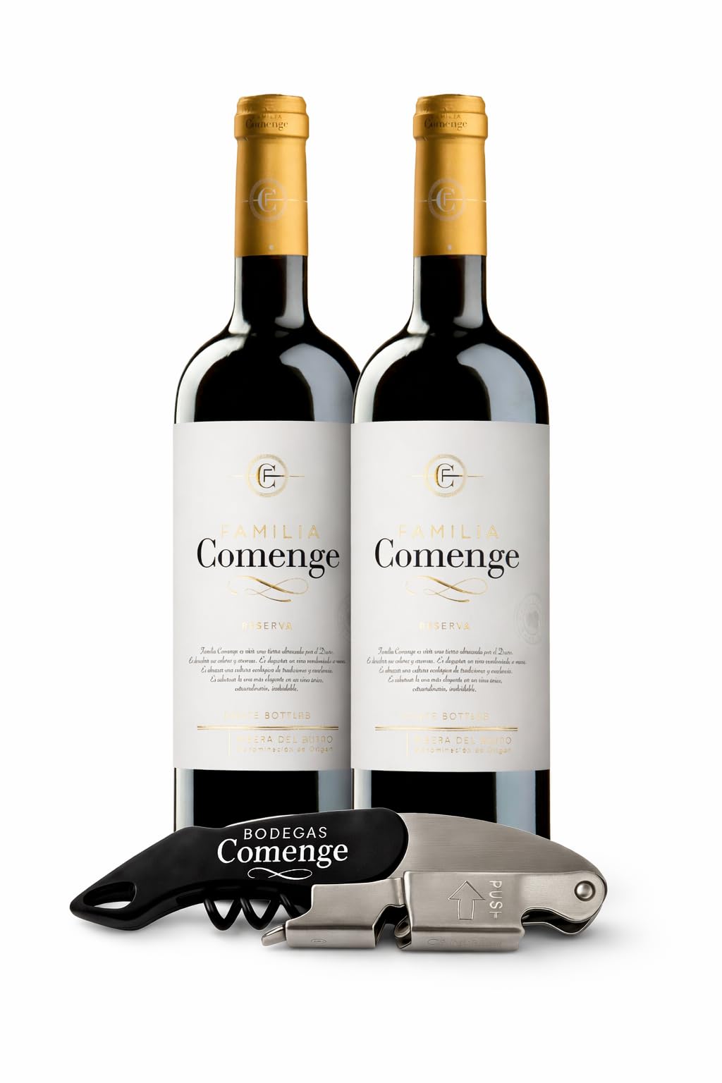 Vino Reserva Ribera del Duero - Pack 2 Familia Comenge + Incluye sacacorchos premium –100% Vino Tempranillo 2020 – Caja Regalo (93 Puntos Peñín) de Bodegas Comenge
