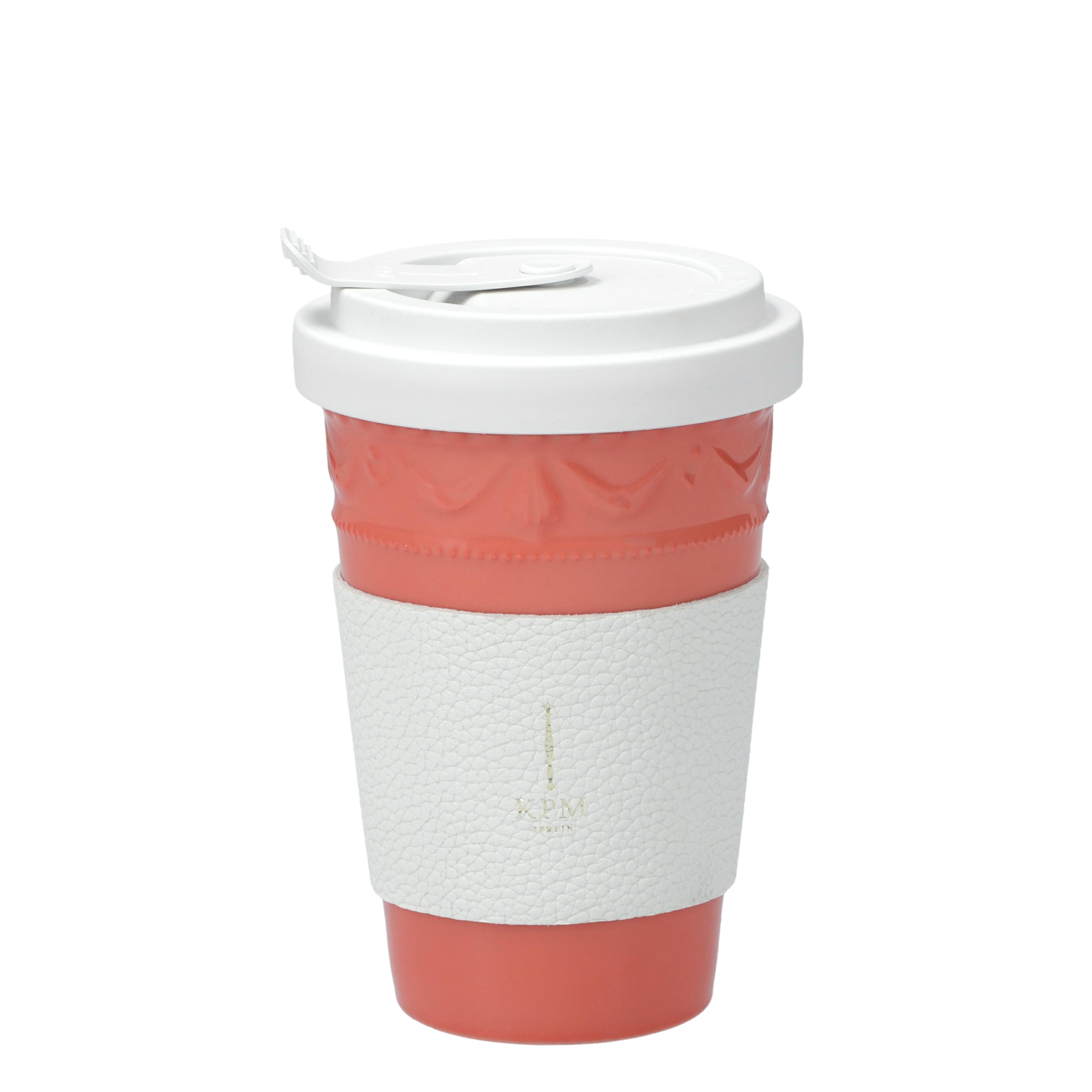 KPM Berlin KURLAND To-Go Becher Pfirsich 0.35l inkl. weißer Ledermanschette (goldene Prägung) und Deckel, Porzellan, Kaffeebecher, handmade im Geschenkkarton