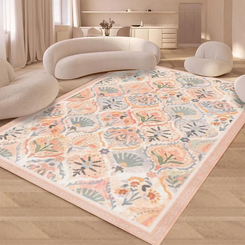 Tapis antidérapant haut de gamme motif floral rose séjour 150x250 cm