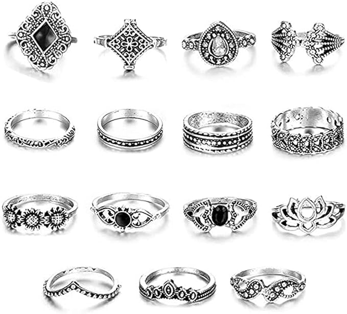 Hithop 15pcs Vintage Women Mid Ring Set Flower Crown Rhinestone Joint Knuckle Nail