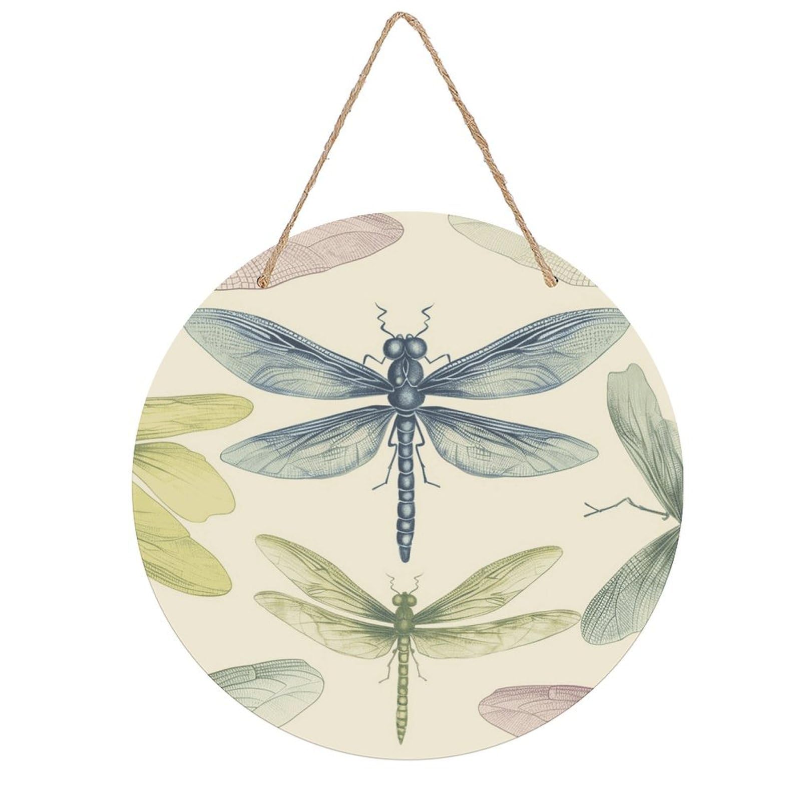 Dragonfly Drawing Round Wooden Ornaments Unique Wood Decorative Paintings for Christmas Retro-Style Wooden Door Hanger for Crafts Home Holiday Decor Bar 7.87 Inch