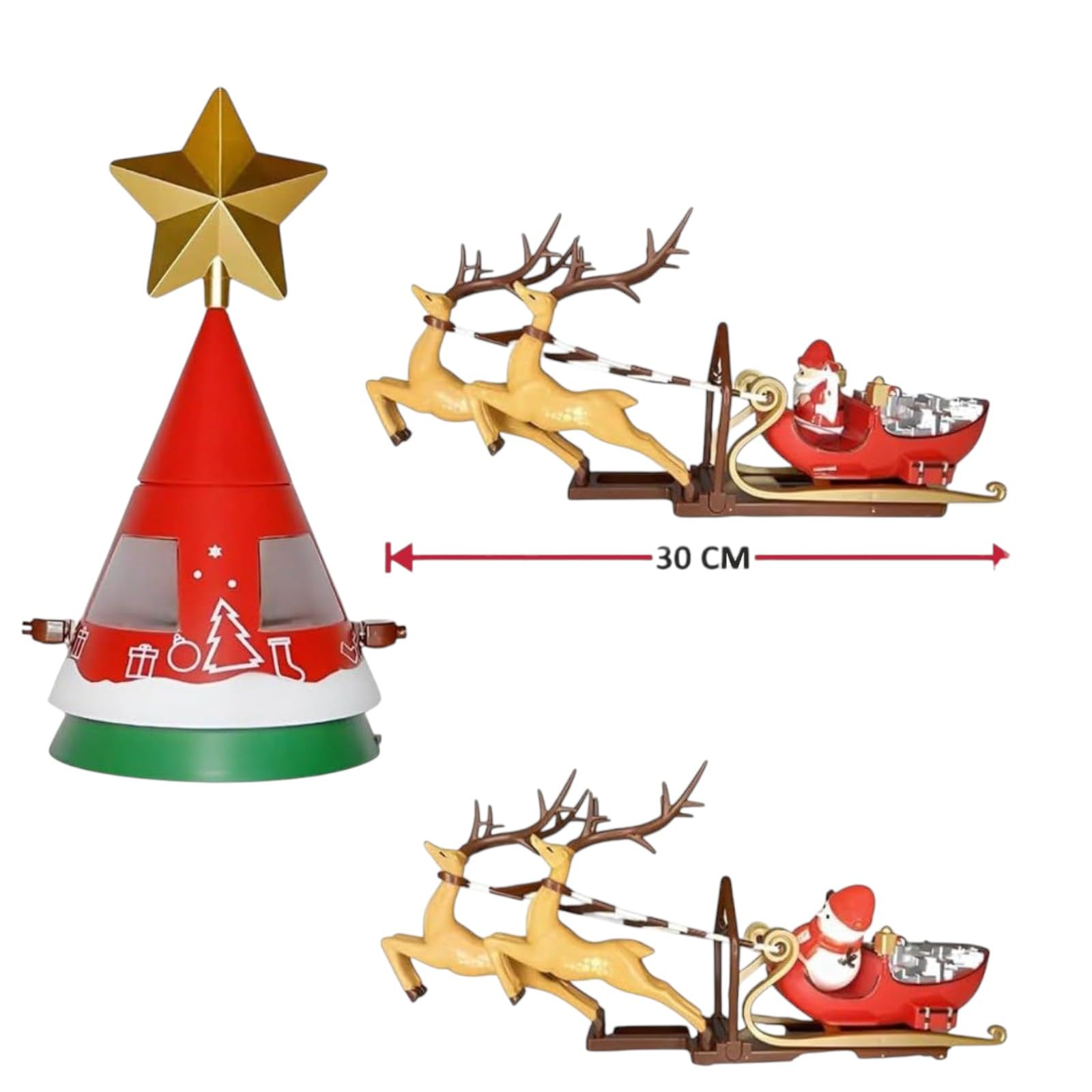 Puntale Rotante per Albero di Natale con Stella e Slitta di Babbo Natale con MOVIMENTO 65 cm Giostrina Natalizia Puntale con LUCI LED Fuori Porta Coccarda Ghirlanda addobbo Dorato Metallizzato 16 cm