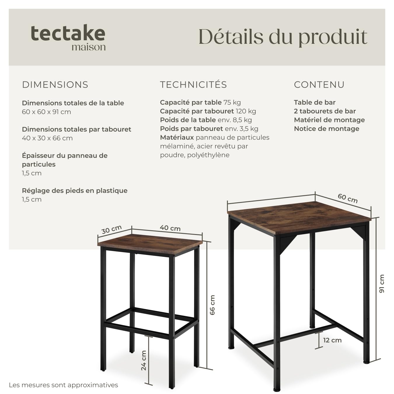 tectake® Ensemble de Bar 3 pièces, Table Haute 60 x 60 x 91 cm et 2 Tabouret Bar 40 x 30 x 66 cm, Style Industriel, Table Haute Mange Debout et Tabouret Haut, Cuisine, Salle à Manger, Bois foncé