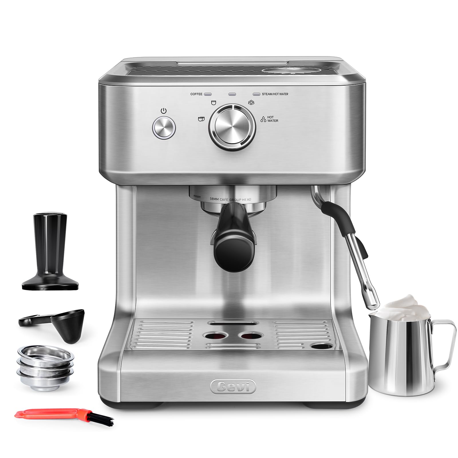 Gevi EzBru 1000 58mm Commercial Espresso Machine PID NTC Temp Control 4 Adjustable Shot Temp Powerful Steam Wand