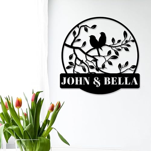 Miniatura 2 de Letrero de metal personalizado con diseño de ramas de árbol, hojas y pájaros, letrero de escultura de pared de pájaro para boda, día de San