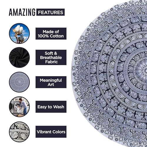 raajsee Black White Round Beach Tapestry Hippie/Boho Beach Blanket Mandala/Indian Cotton Throw - Round Tablecloth/Home Decor/Indie Rug Yoga Mat Meditation Picnic Rugs 127 CM / 50 INCHE Circle - Image 4