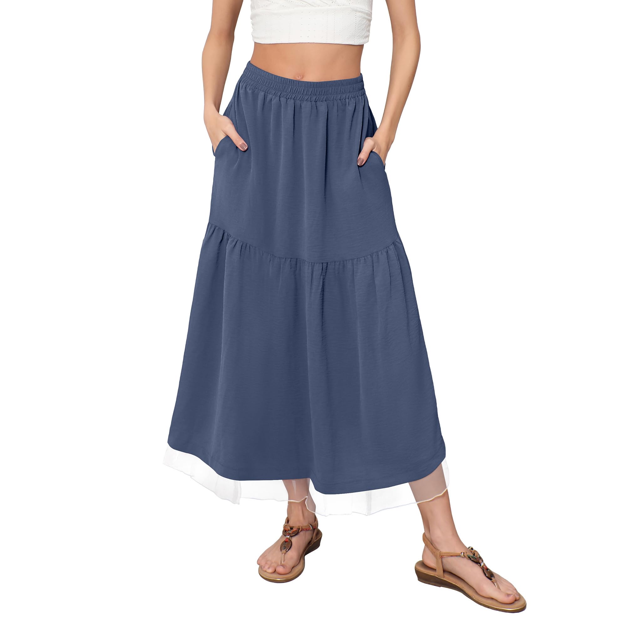 Flowy Maxi Skirt for Women with Pockets 2025 Fashion Trendy Boho Summer Beach Vacation Long Skirt