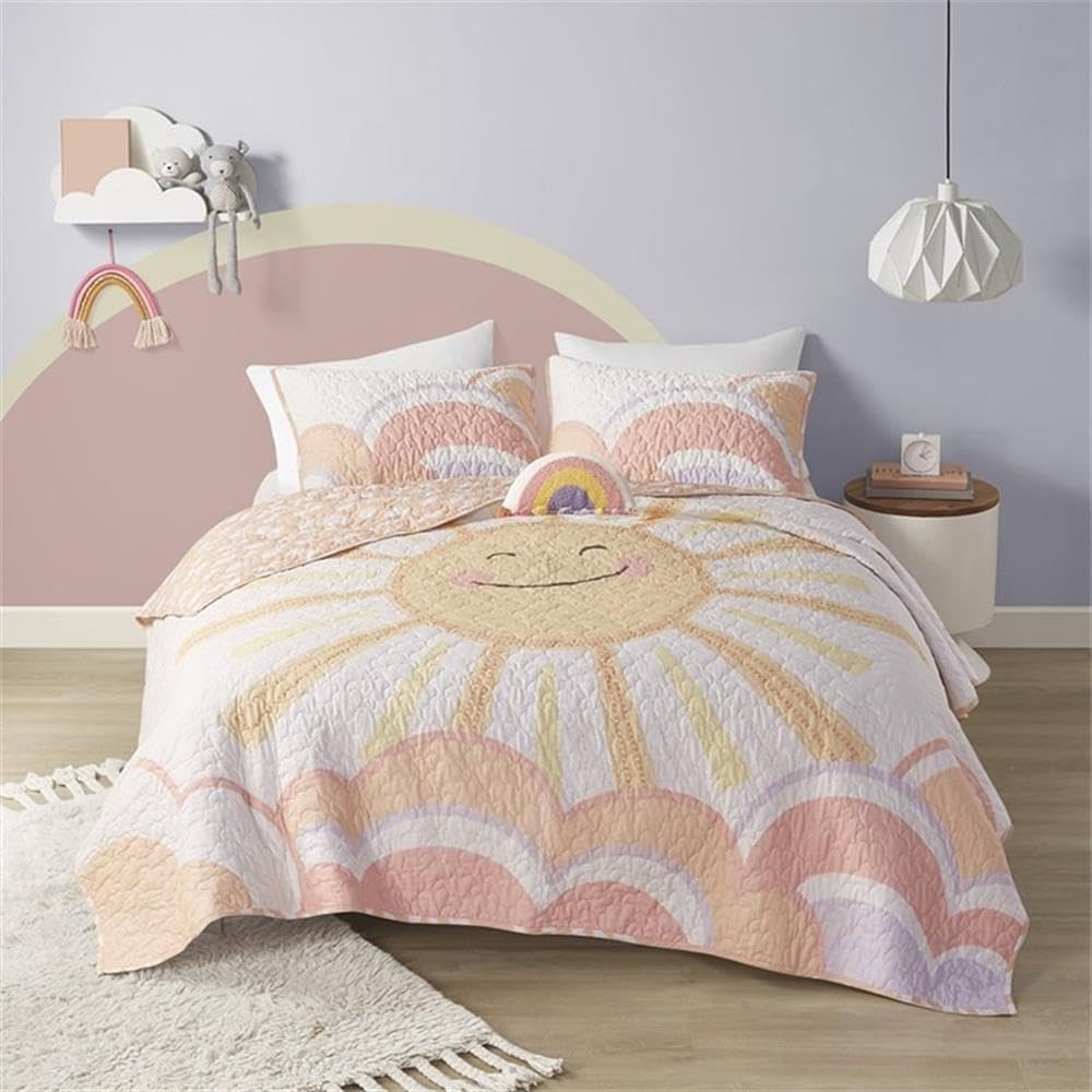 Pemberly Row 68" 3-Piece Cotton Printed Coverlet Set, Yellow and Coral Sun Design, Includes Sham and Rainbow Pillow, Twin-Size Prewashed Bedding for Kids' Bedroom