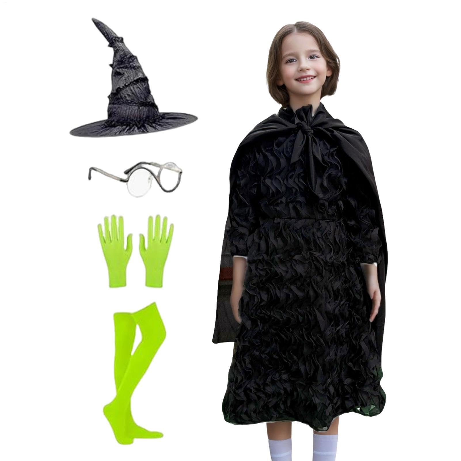 Komplet stroju czarownicy Oddychające Przebranie Klasycznego Horroru | Halloweenowy Zestaw Sukienki Czarownicy Na Imprezy W Nawiedzonym Domu, Występy Sceniczne, Dla Córek I Uczennic 5-12 Lat