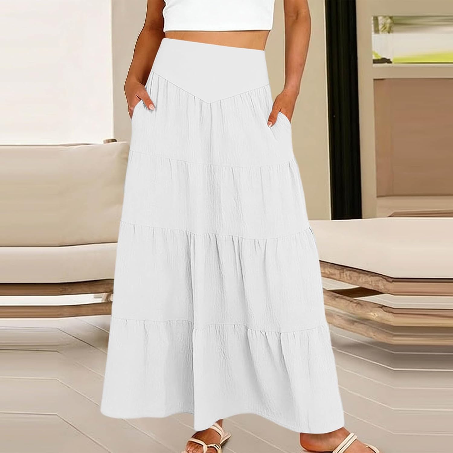 Women's Midi A-Line Skirts Summer Flowy Elastic High Waisted Casual Skirt Pleated Layer Boho Skirts with Pockets