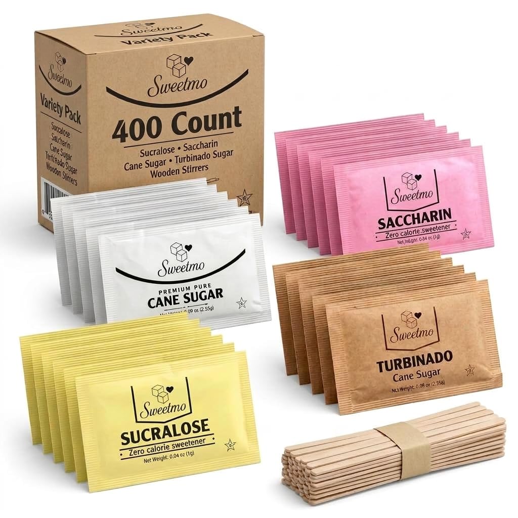 Sweetmo Sugar Packets Variety Pack - Sucralose, Raw Sugar, Saccharin, Cane Sugar with Wooden Stirrers - 400 Count for Coffee, Tea, Office Breakrooms, Home & Airbnb