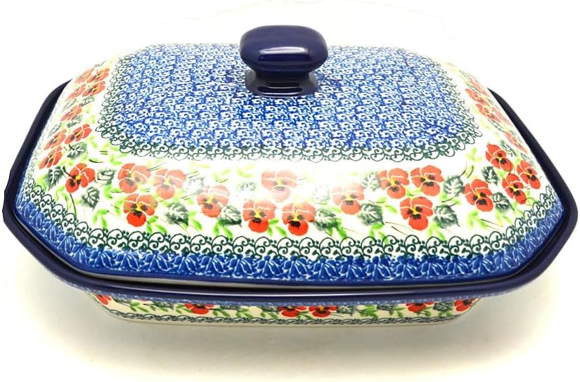 Polish Pottery Baker - Rectangular Covered - Large - Red Pansy