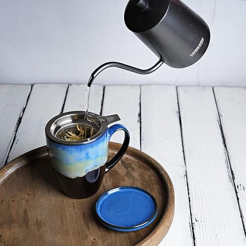 Miniatura 4 de Bosmarlin Taza de té de cerámica con infusor y tapa, 13.5 onzas, 4 colores a elegir, apta para lavavajillas y microondas, esmalte reactivo, taza de