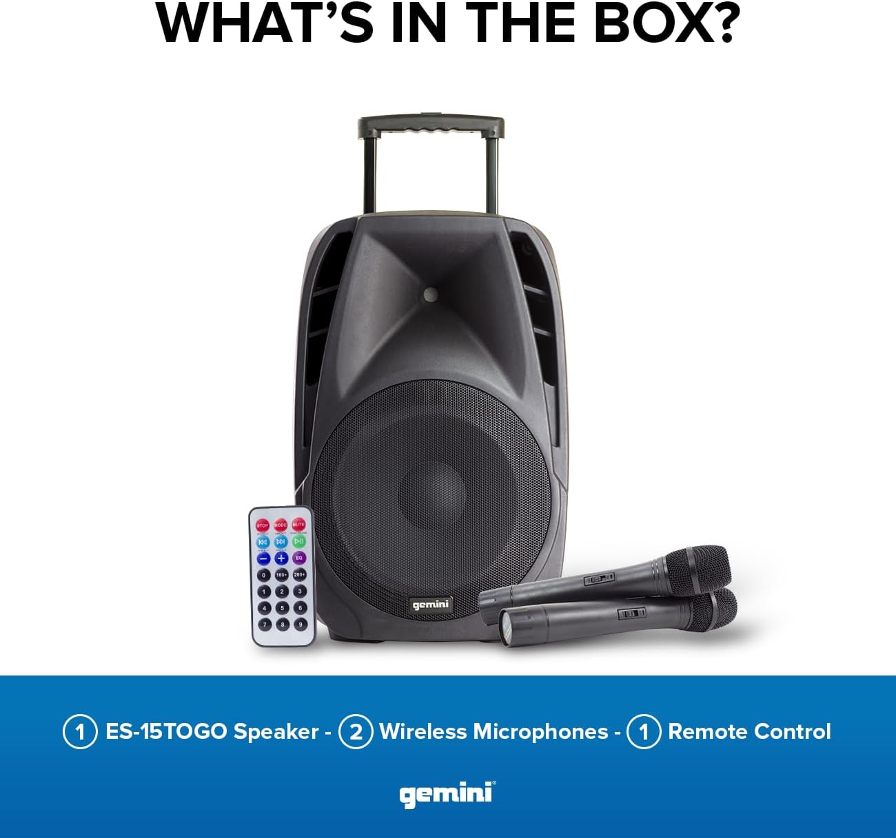 Gemini Sound ES-15TOGO Wireless Portable Bluetooth Streaming Professional DJ PA System Trolley Active 800 Watts Speaker with Dual Mic Jacks SD Card and USB Port with 2 Wireless Mic Bundle,Black