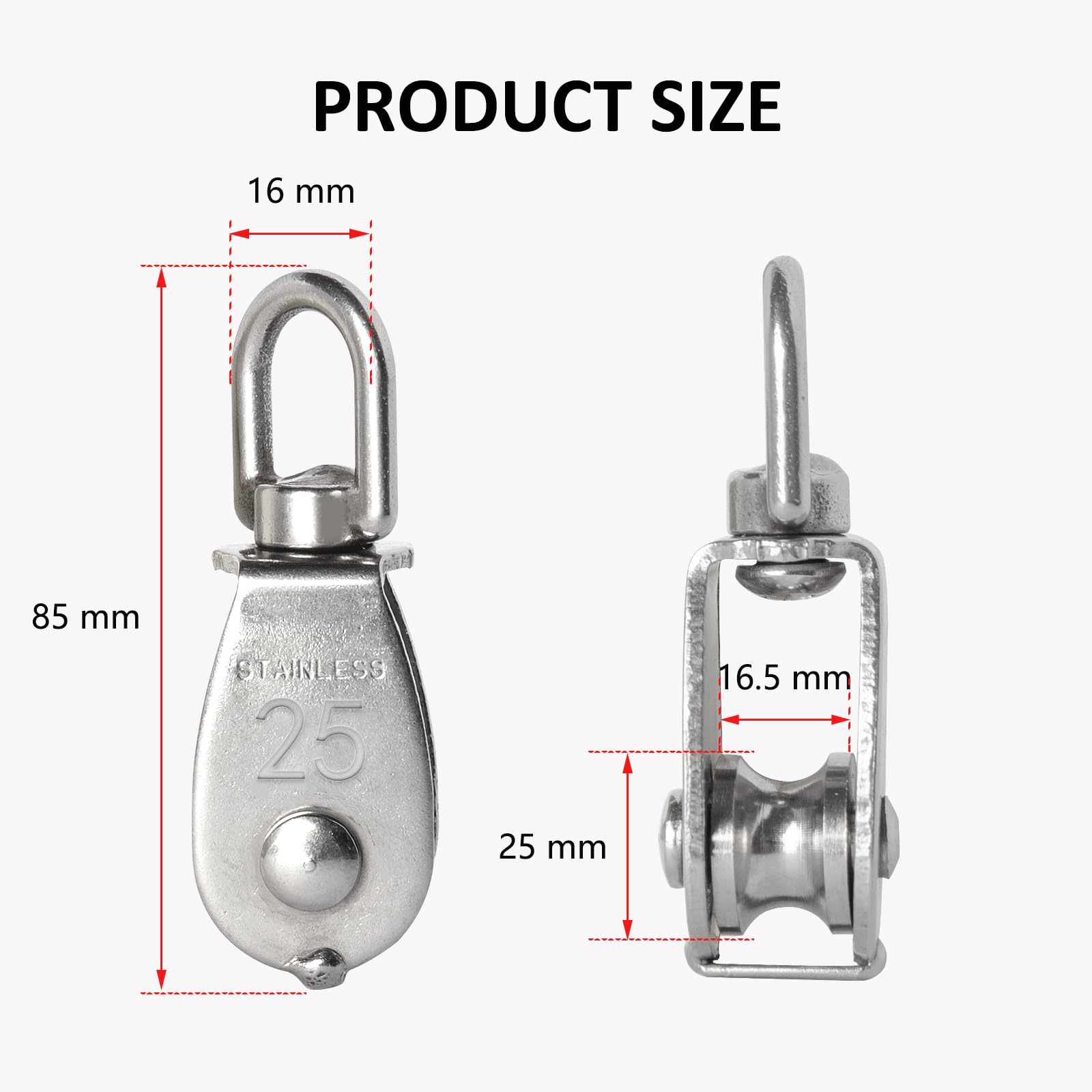 Polea de acero inoxidable 304 resistente, polea de grúa con gancho giratorio para levantar remolque colgante, rueda de polea de cuerda de alambre de grado industrial (M25, 12)