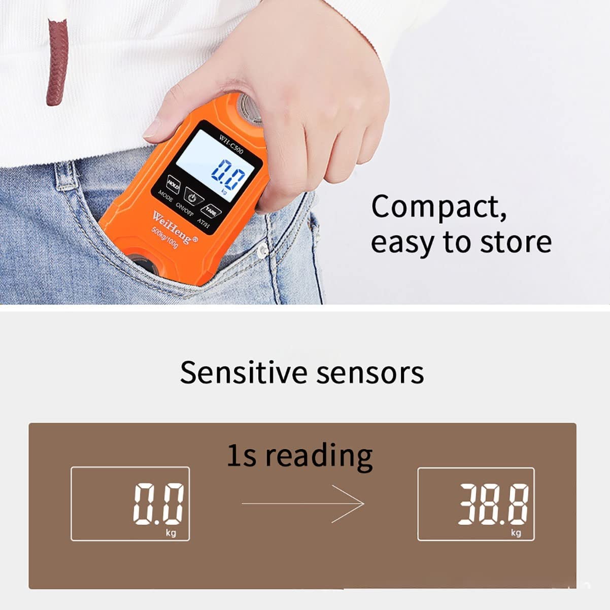 Gepäckwaage, Kofferwaage, 500 kg Mini-Kranwaage, tragbare 1000 Pfund, robuste digitale Hängewaage mit LCD-Display (Farbe: Schwarz, Größe: 500 kg/200 g) (Farbe: Oranje, Größe: 500 kg/2