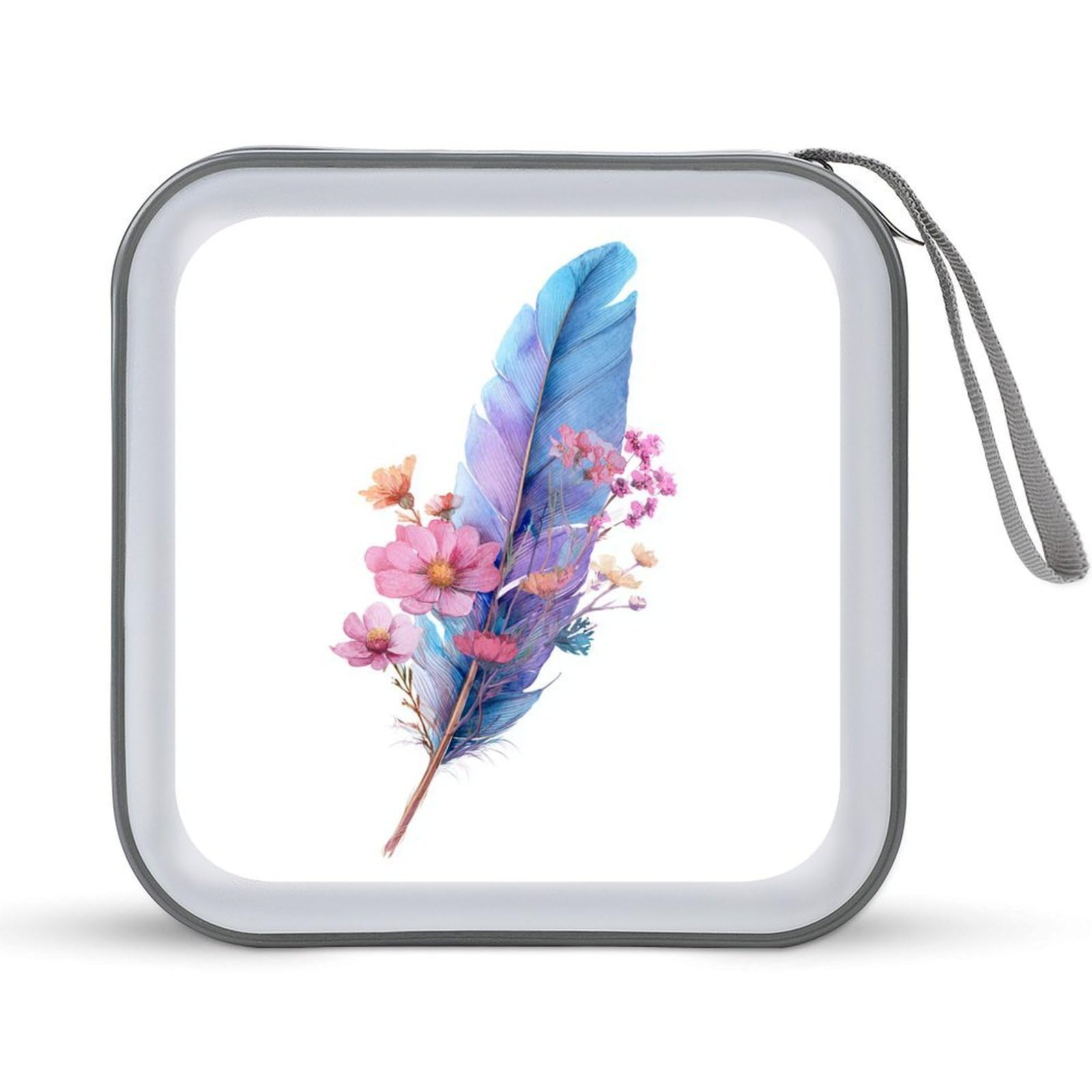 Jubonexis Watercolor Blue Feather with Wildflowers CD Case DVD Storage Case Portable for Car Home Travel