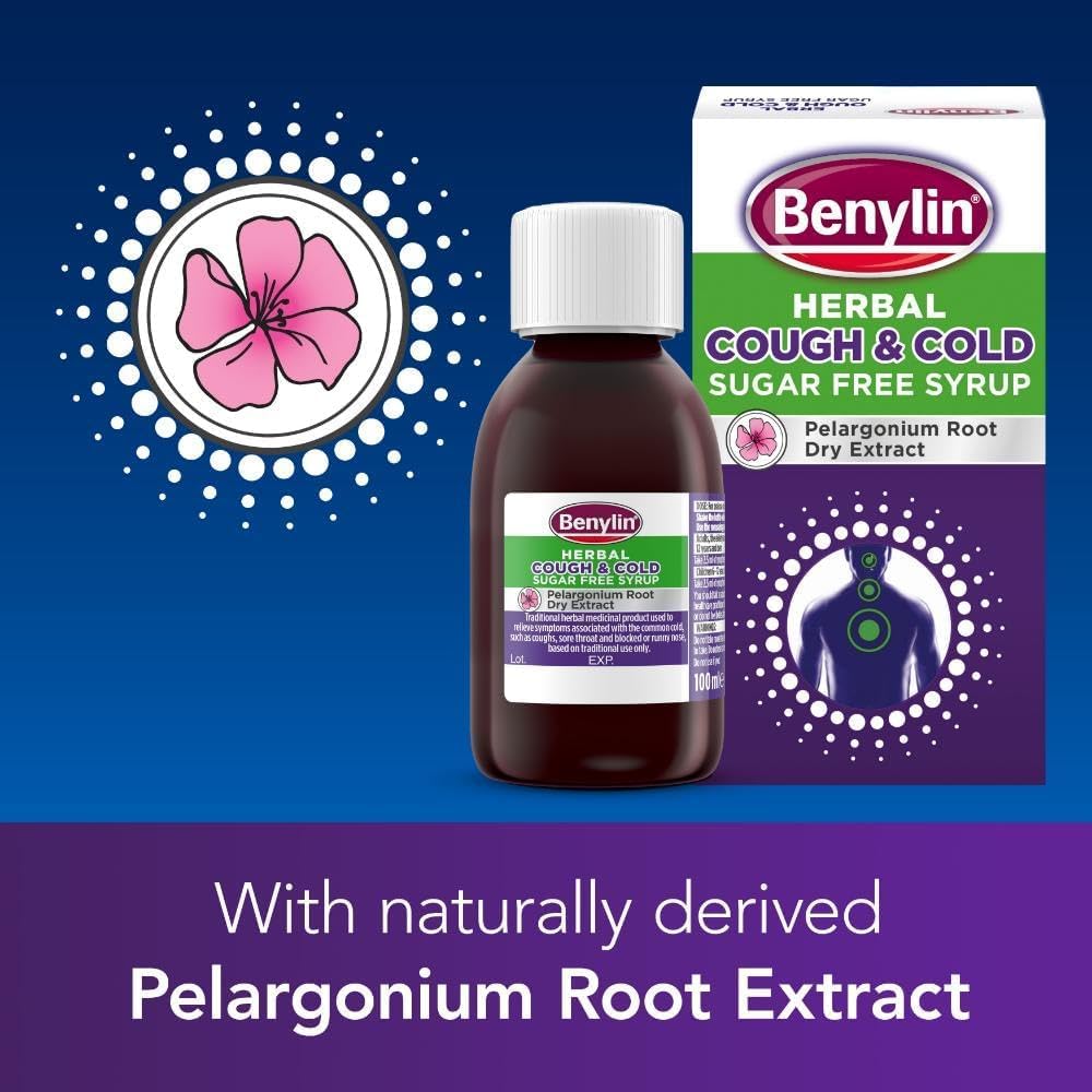 BENYLIN Herbal Cough & Cold Sugar Free Syrup, Traditional Herbal Cough and Cold Medicine, with Pelargonium Root Dry Extract, Used to Relieve Runny Nose, Blocked Nose, Coughs and Sore Throat, 100ml - Image 2