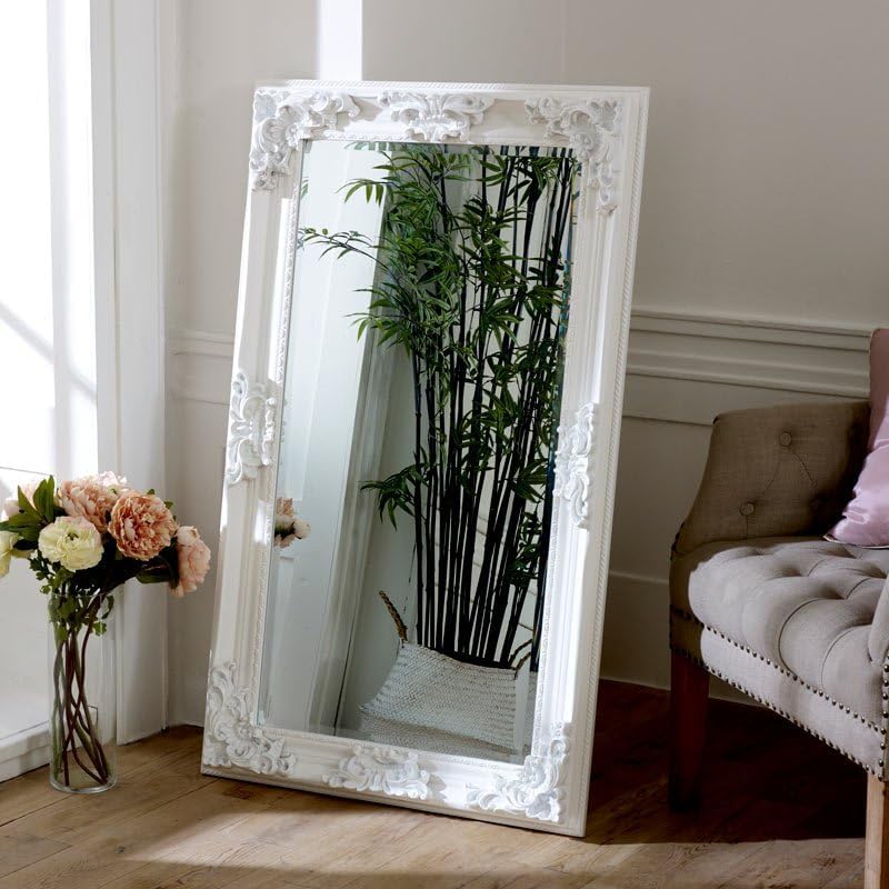 Melody Maison Tall/Long White Ornate Wall/Leaner Mirror 47cm x 142cm