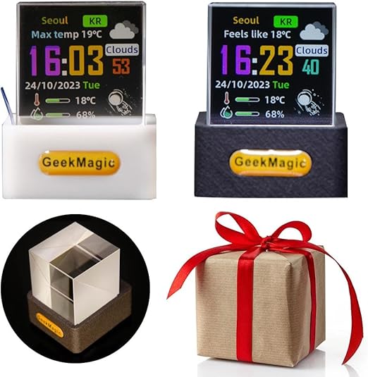 LLSUZY GeekMagic bekabeld mini 3D hologram kubusdisplay, mini transparant, wifi weerklok, fotoalbum, real time weer, tijdweergave, creatief cadeau, desktopdisplay, cool gadget