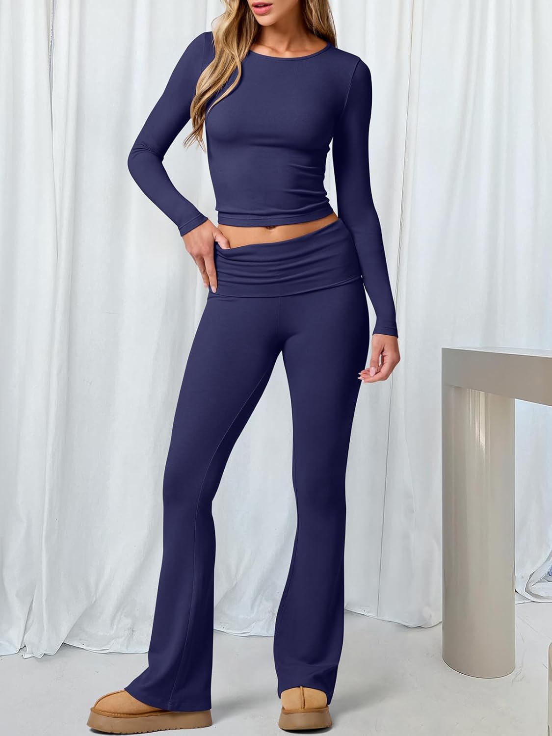 ANRABESS Women 2 Piece Outfits Fall Lounge Sets Long Sleeve Cropped Top Fold Over Flare Pants Comfy Pajamas Set Y2K Clothes - Image 8