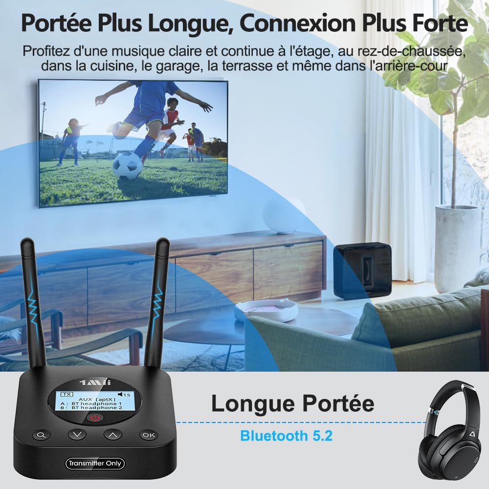 1Mii B06TX+ Émetteur Audio Bluetooth 5.3 pour TV avec Écran Visuel