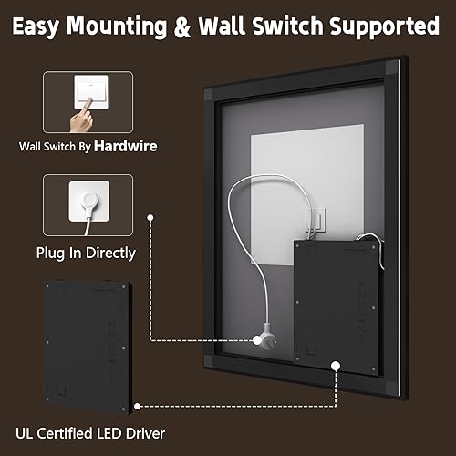 Miniatura 5 de LUSABE Espejo de baño LED con marco negro de 20 x 28 pulgadas con frente y retroiluminación, espejo de tocador iluminado para pared, doble