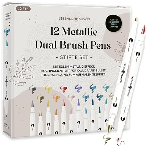 LEBENSKOMPASS Metallic Dual Brush Pen Set mit 12 wasserbasierten bunten Farben für schimmernde Metallic-Effekte Pinselstifte für Malbücher, Handlettering, Kalligraphie & Bullet Journal