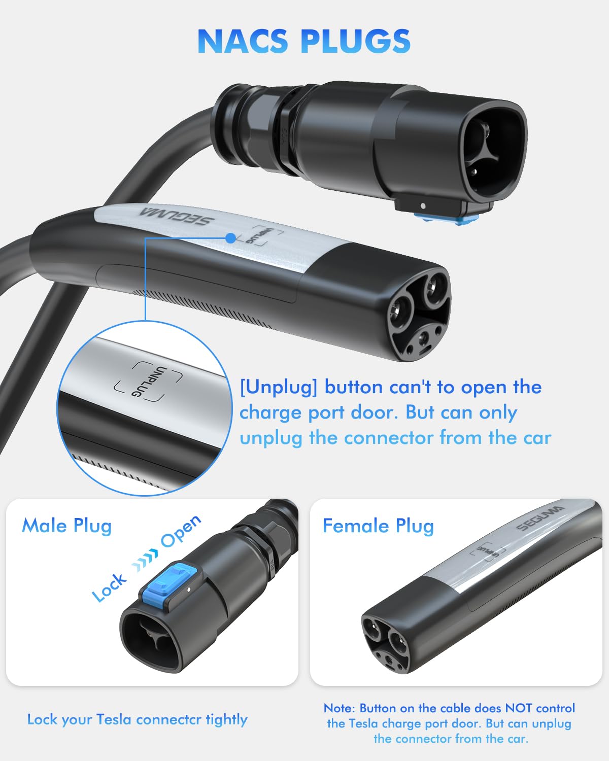 SEGUMA EV Charger Extension Cord for Tesla, 50Amp 21ft Max Support 240V 12kW with NACS Extension Cable for Level 1 & 2 NACS Charger Tesla Wall Connector, Tesla Extension Cord for Model Y/X/3/S