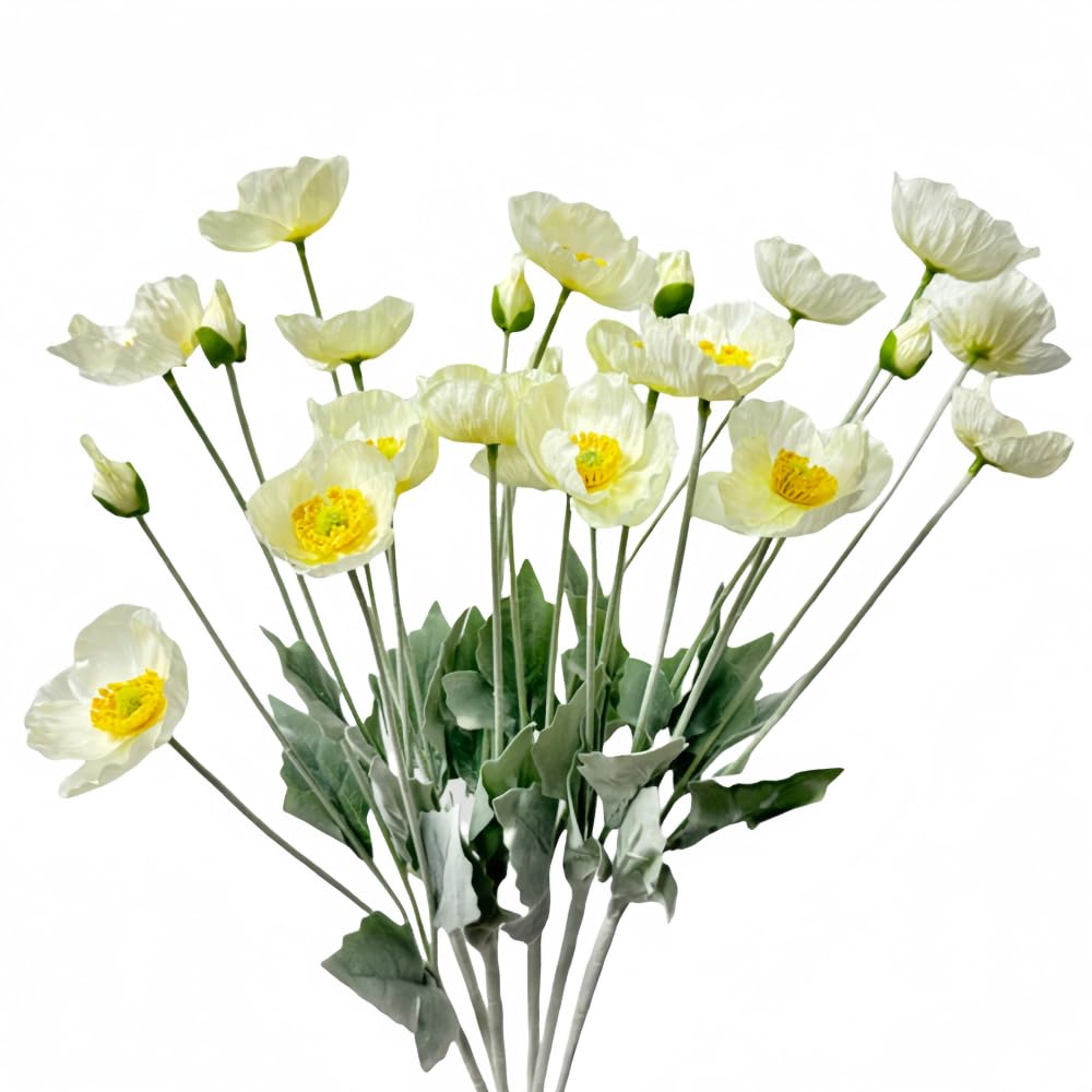 Urier Poppies Flowers Artificial,Ranunculus Artificial Flowers,Silk Flowers with Stems,Faux Flower Stems for Wedding,Party,Garden Outdoor Indoor Decor Flower Arrangements for Table (6, White)