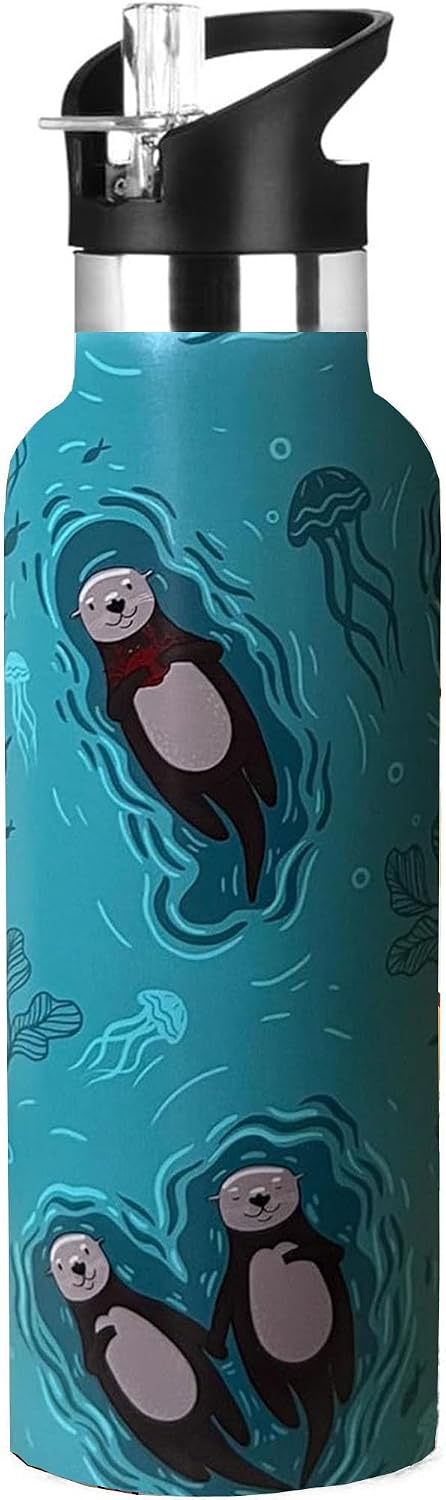 Sea Otter Sport Water Bottle with Straw, Vacuum Insulated Stainless Steel Drinking Travel Mug Cups For Gym Fitness Camping-20oz/600ml