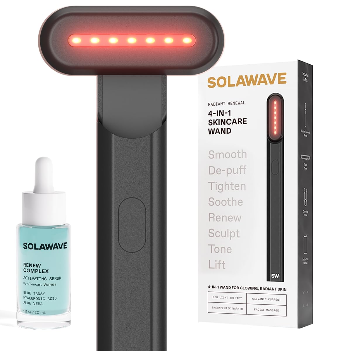 Solawave 4-in-1 Radiant Renewal Wand and Serum Bundle, Face Skincare Wand with Facial Massager, Facial Wand with Renew Complex Serum (Matte Black)