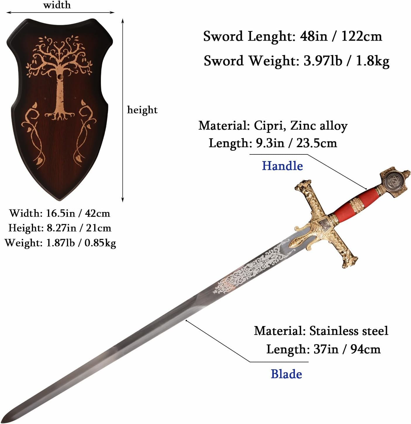 48" King Solomon Sword with Display Pendant All-Metal Material,Medieval Western Sword Red