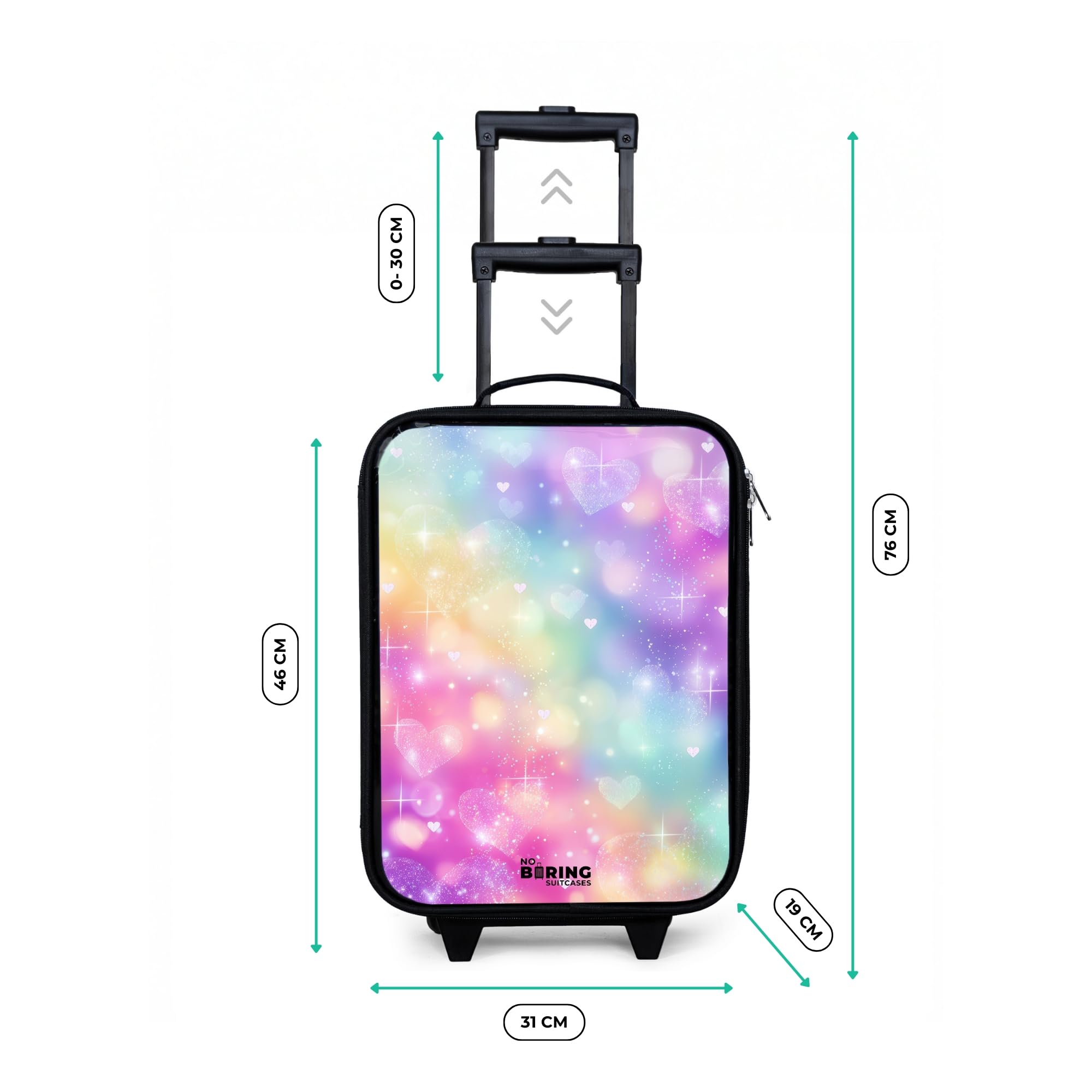 NoBoringSuitcases.com® Valise Enfant 48x31x19 cm Ultra Légère Bagages À roulettes LED pour Enfants Petite Voyage Bagage Bebe Valisette A Roulette Ado - Fille - Lumière - Arc-en-Ciel - Cœurs
