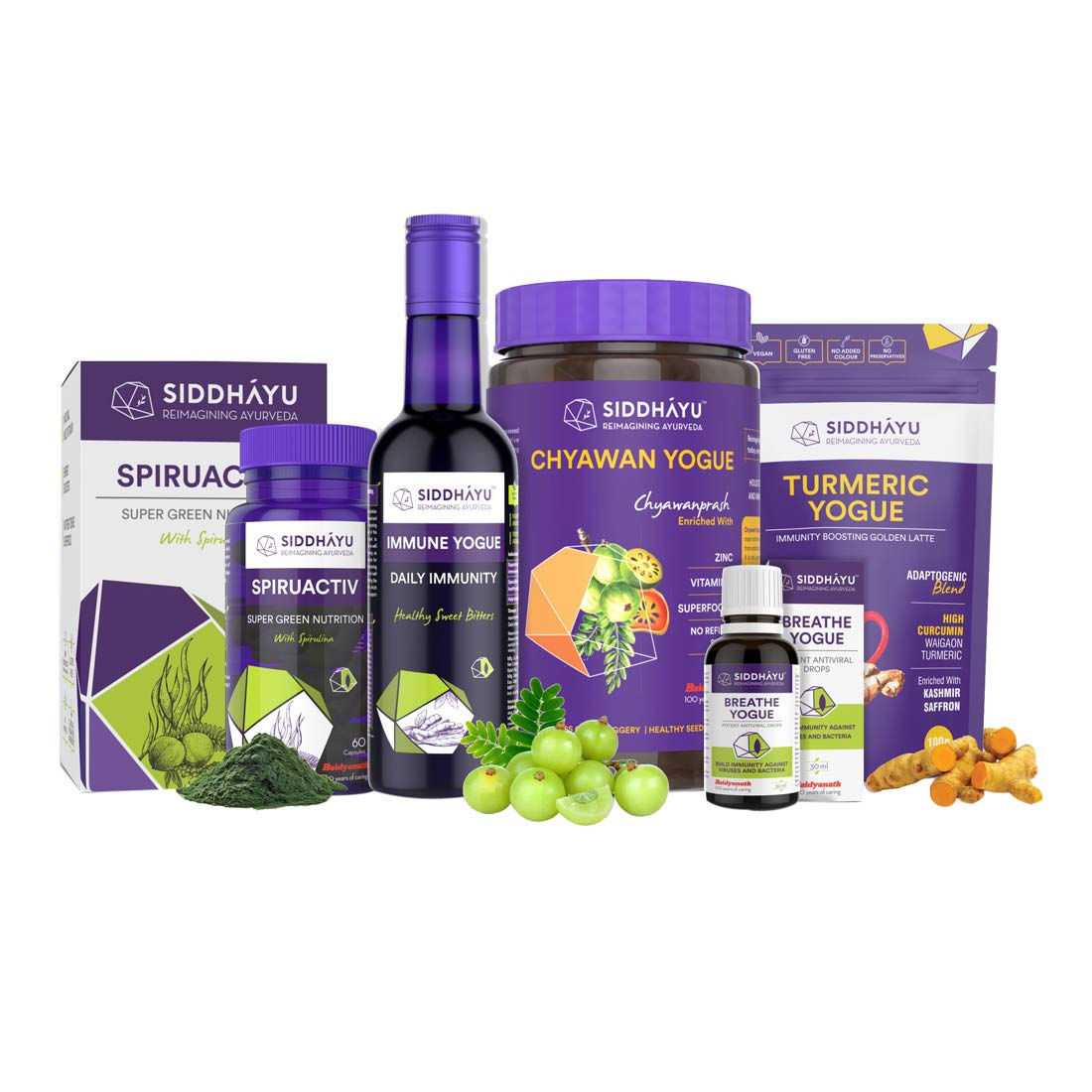 Baidyanath Siddhayu Immunity Kit (Breathe Yogue 30 ml Liquidx 1, Chyawan Yogue 900 gm x 1, Turmeric yogue 100 gm x 1, Immune yogue 350 ml x 1, Spiruactive 60 cap x 1)