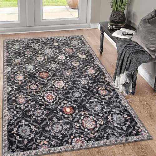 KILOCOCO 3x5 Moroccan Super Soft Area Rug Washable Living Room, Vintage Floral Rug Indoor Non-Slip, Print Faux Wool Accent Indoor Entryway Rug for Laundry Playroom Office, CharcoalMulti