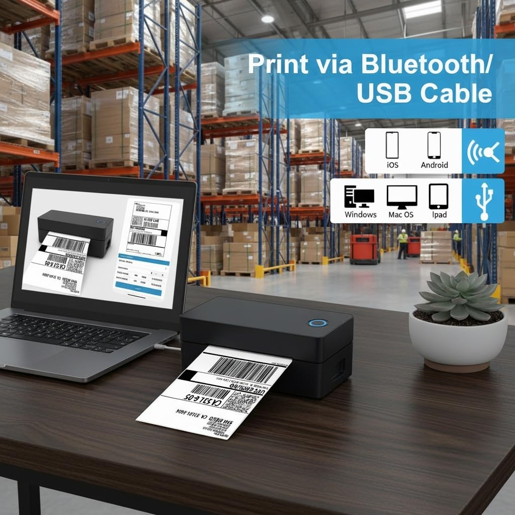 Stampante Etichette Termica Bluetooth 4x6 (100x150mm), per Spedizioni DHL, Amazon FBA & Shopify, Inclusi Supporto, Chiavetta USB (Driver) & 30 Etichette, Compatibile con iOS/Android/Windows/Mac