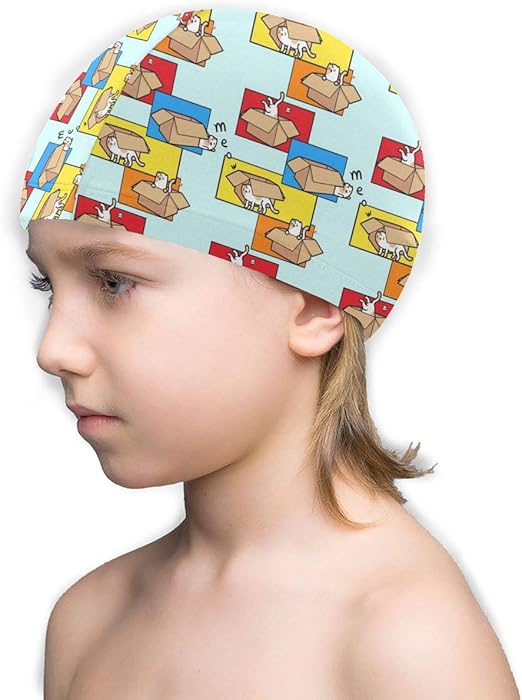 Kids Novelty Swim Cap Funny Cat Kitty Hide in Boxes Lycra Swimming Cap